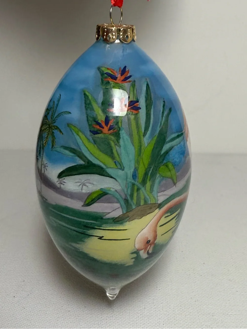 Vintage Pink Flamingo Reverse Painting Glass Ornament Paul Bent Design Florida